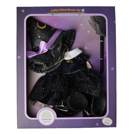 Witch-themed doll dress-up outfit set displayed inside its purple product packaging box.