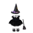 Black witch costume set including a sparkly hat, dress, shoes, and broom on a white background.