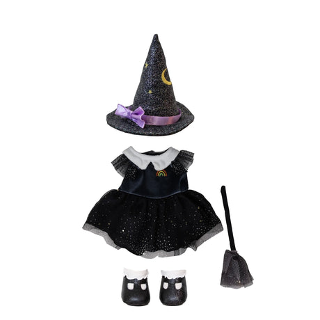 Black witch costume set including a sparkly hat, dress, shoes, and broom on a white background.