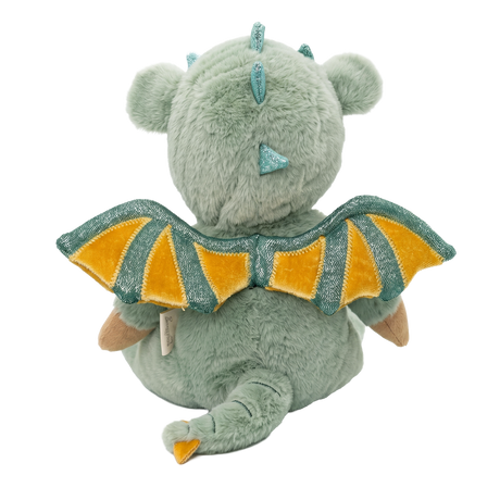 Back view of Olli Ella Dinky Dinkum Dax Dragon plush toy showing green and yellow wings.