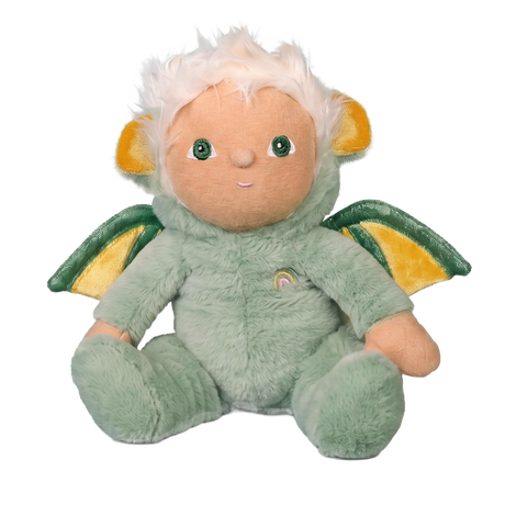 Dinky Dinkum Dax Dragon plush doll with green fur and yellow wings on a white background.