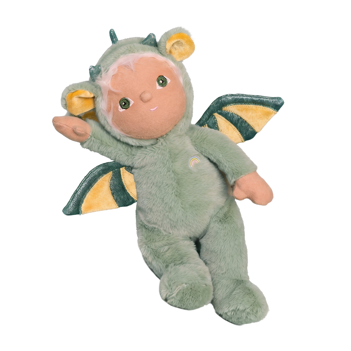 Olli Ella Dinky Dinkum Dax Dragon plush doll lying down on a white background.