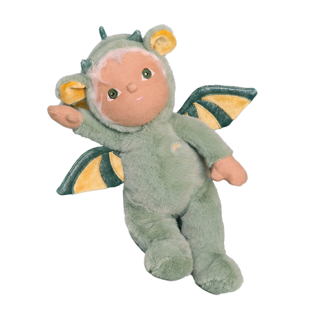 Olli Ella Dinky Dinkum Dax Dragon plush doll lying down on a white background.