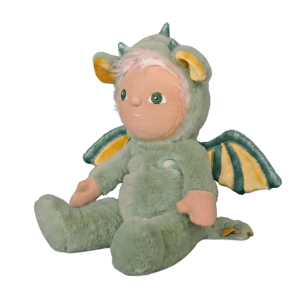 Side view of Olli Ella Dinky Dinkum Dax Dragon doll sitting down in a green fluffy outfit.