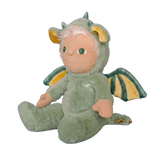 Side view of Olli Ella Dinky Dinkum Dax Dragon doll sitting down in a green fluffy outfit.