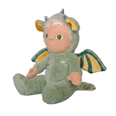 Side view of Olli Ella Dinky Dinkum Dax Dragon doll sitting down in a green fluffy outfit.