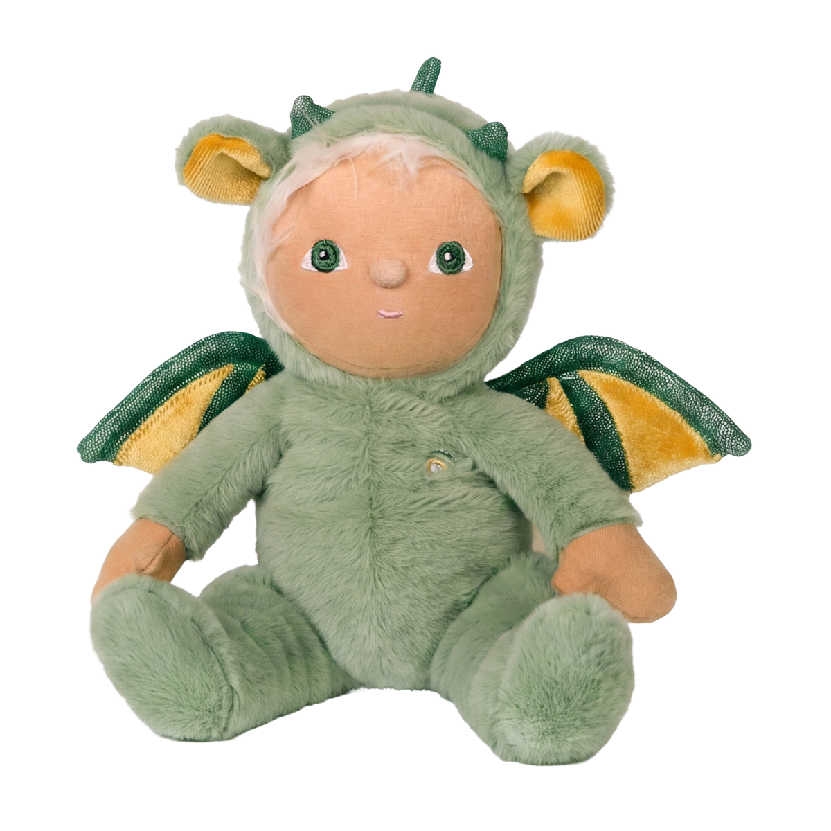 Olli Ella Dinky Dinkum Dax Dragon plush doll wearing a fuzzy green costume with wings.
