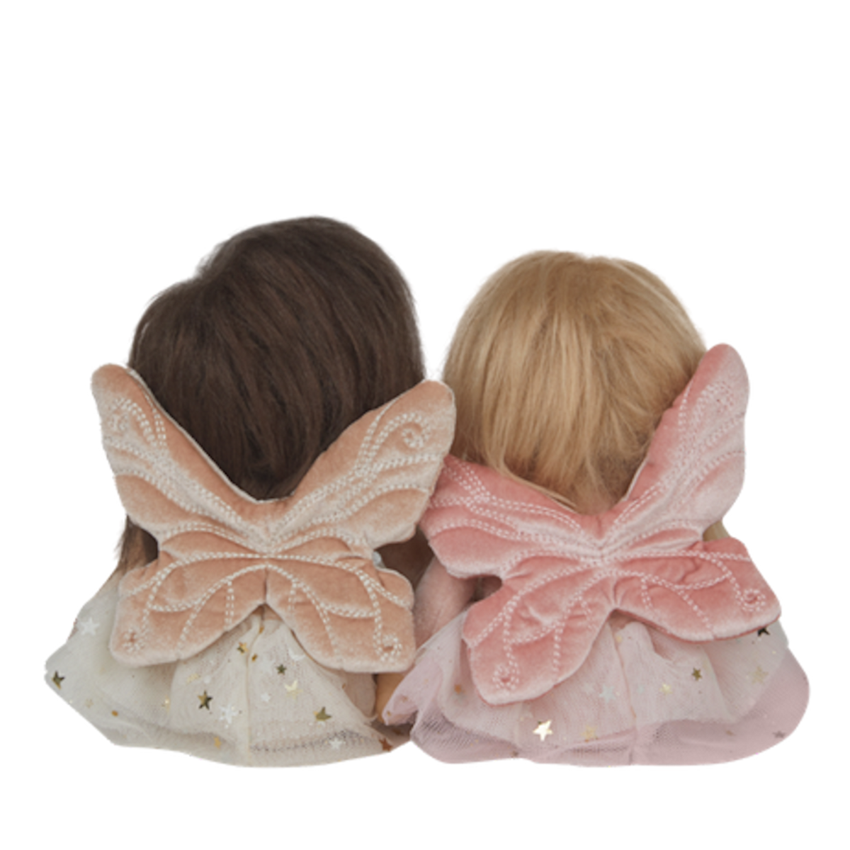 Back view of two Dinky Dinkum plush fairy dolls with pink and peach butterfly wings.