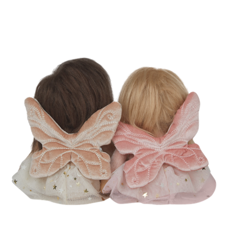 Back view of two Dinky Dinkum plush fairy dolls with pink and peach butterfly wings.