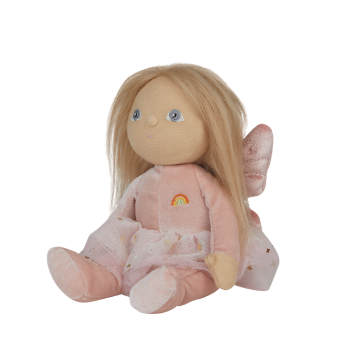 Side view of Olli Ella Dinky Dinkum Doll Fairy Fiona in a pink plush outfit showing fairy wings.