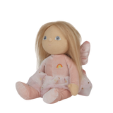 Side view of Olli Ella Dinky Dinkum Doll Fairy Fiona in a pink plush outfit showing fairy wings.