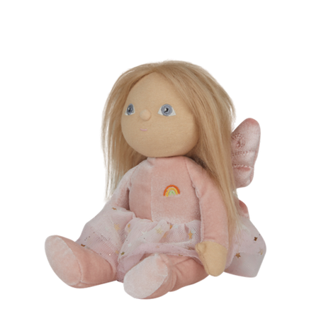 Side view of Olli Ella Dinky Dinkum Doll Fairy Fiona in a pink plush outfit showing fairy wings.