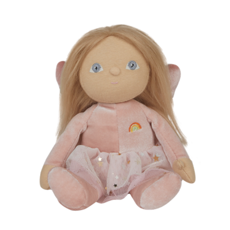 Olli Ella Dinky Dinkum Doll Fairy Fiona in pink plush outfit with a tulle tutu skirt.