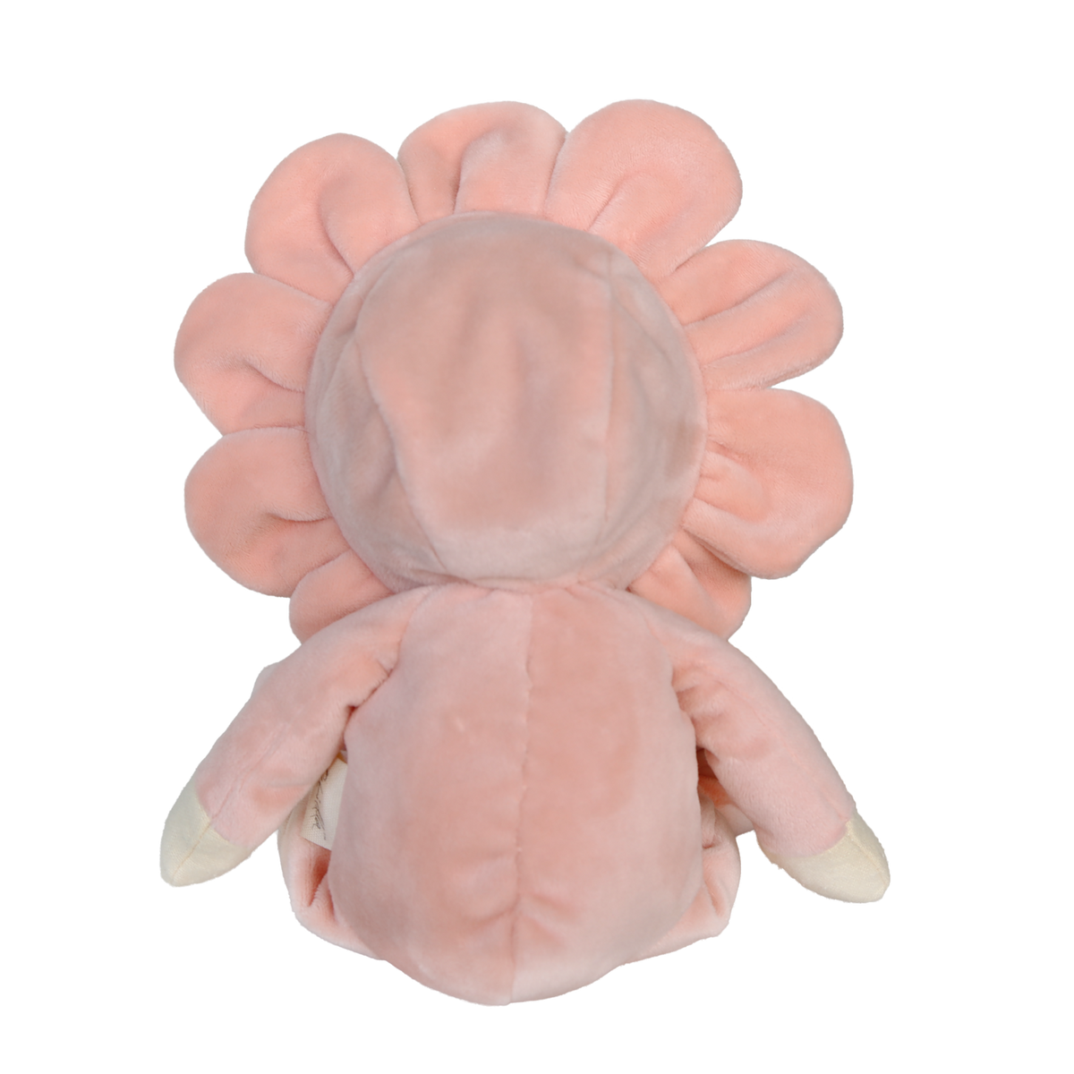 Back view of a Dinky Dinkums Dahlia plush doll with a pink flower petal hood on white background.