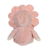 Back view of a Dinky Dinkums Dahlia plush doll with a pink flower petal hood on white background.