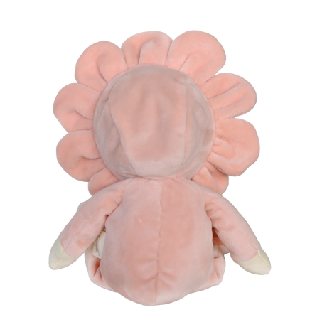 Back view of a Dinky Dinkums Dahlia plush doll with a pink flower petal hood on white background.
