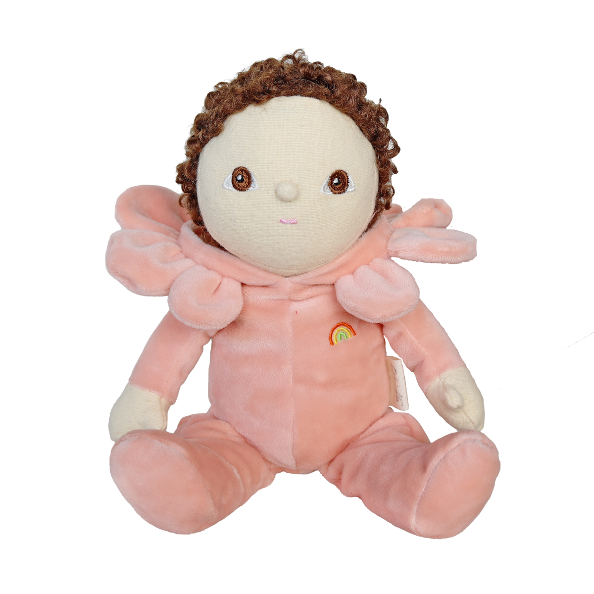 Olli Ella Dinky Dinkum Dahlia flower plush doll isolated on a white background.