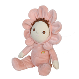 Olli Ella Dinky Dinkum Dahlia flower plush doll sitting in a side view profile.