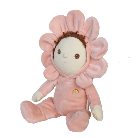 Olli Ella Dinky Dinkum Dahlia flower plush doll sitting in a side view profile.