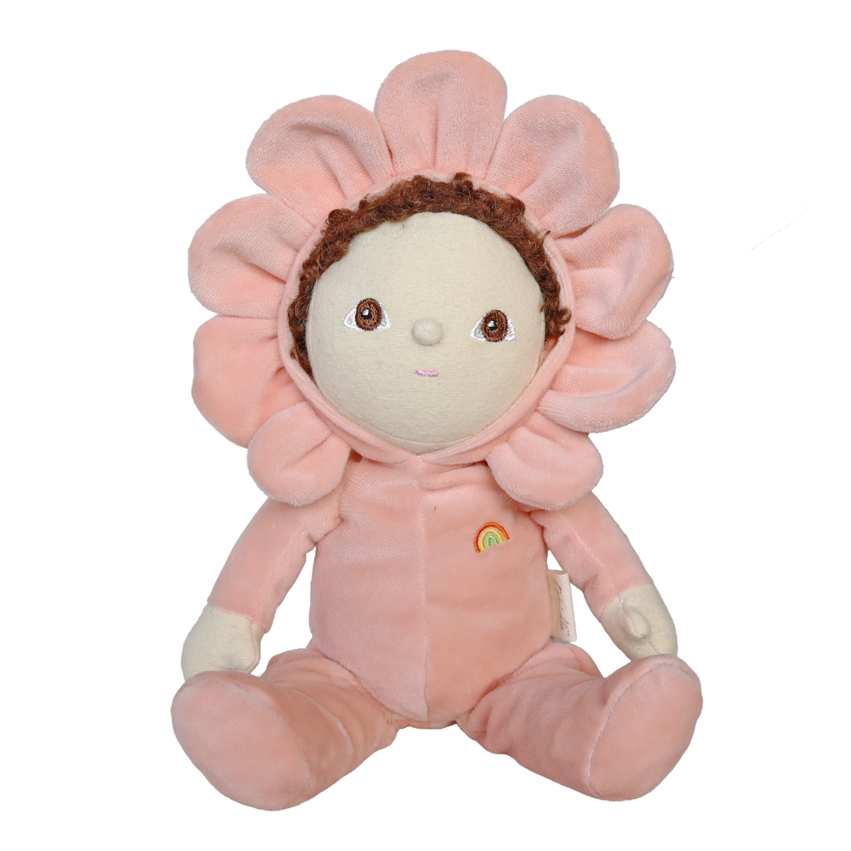 Olli Ella Dinky Dinkum Dahlia doll sitting down in a plush pink flower outfit.