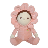 Olli Ella Dinky Dinkum Dahlia doll sitting down in a plush pink flower outfit.