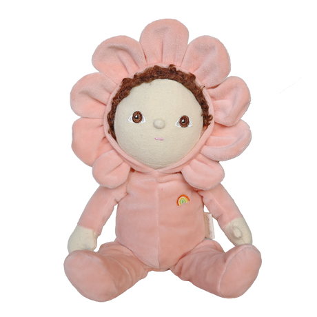 Olli Ella Dinky Dinkum Dahlia doll sitting down in a plush pink flower outfit.