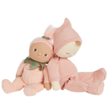 Two Olli Ella Dinky Dinkums Fruity Cuties Peggy Peach plush dolls sitting together.