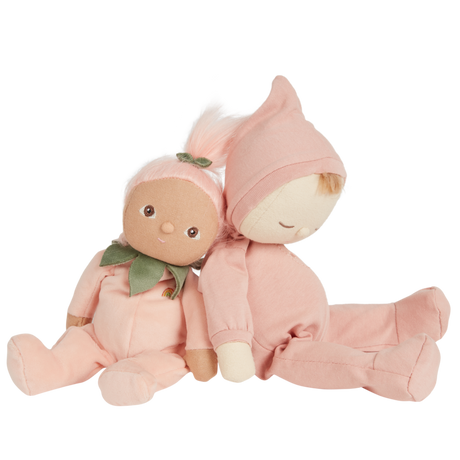 Two Olli Ella Dinky Dinkums Fruity Cuties Peggy Peach plush dolls sitting together.