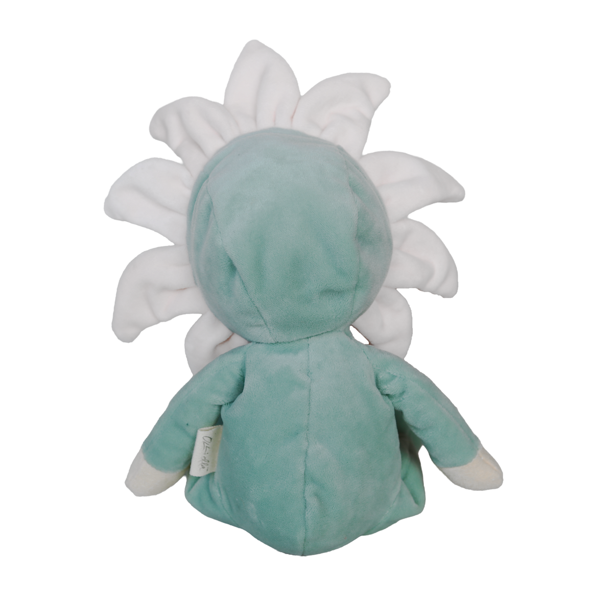 Back view of a Olli Ella Dinky Dinkum Lily plush doll wearing a green flower costume with white petals.