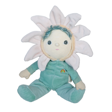 Olli Ella Dinky Dinkums Lily the Flower Doll plush toy in a mint green outfit with a white petal hood.
