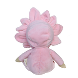 Back view of a pink Olli Ella Dinky Dinkum doll with a flower petal hood, white background.