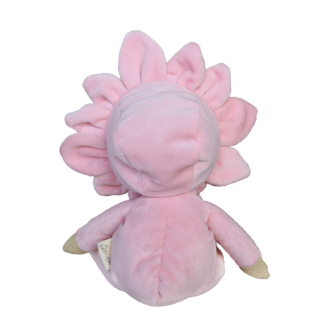Back view of a pink Olli Ella Dinky Dinkum doll with a flower petal hood, white background.