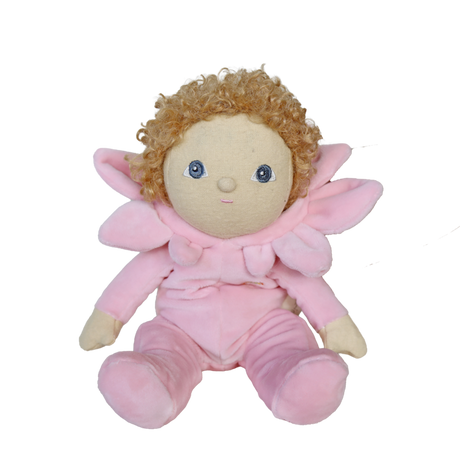 Dinky Dinkum Magnolia doll with curly blonde hair in a pink flower costume against a white background.