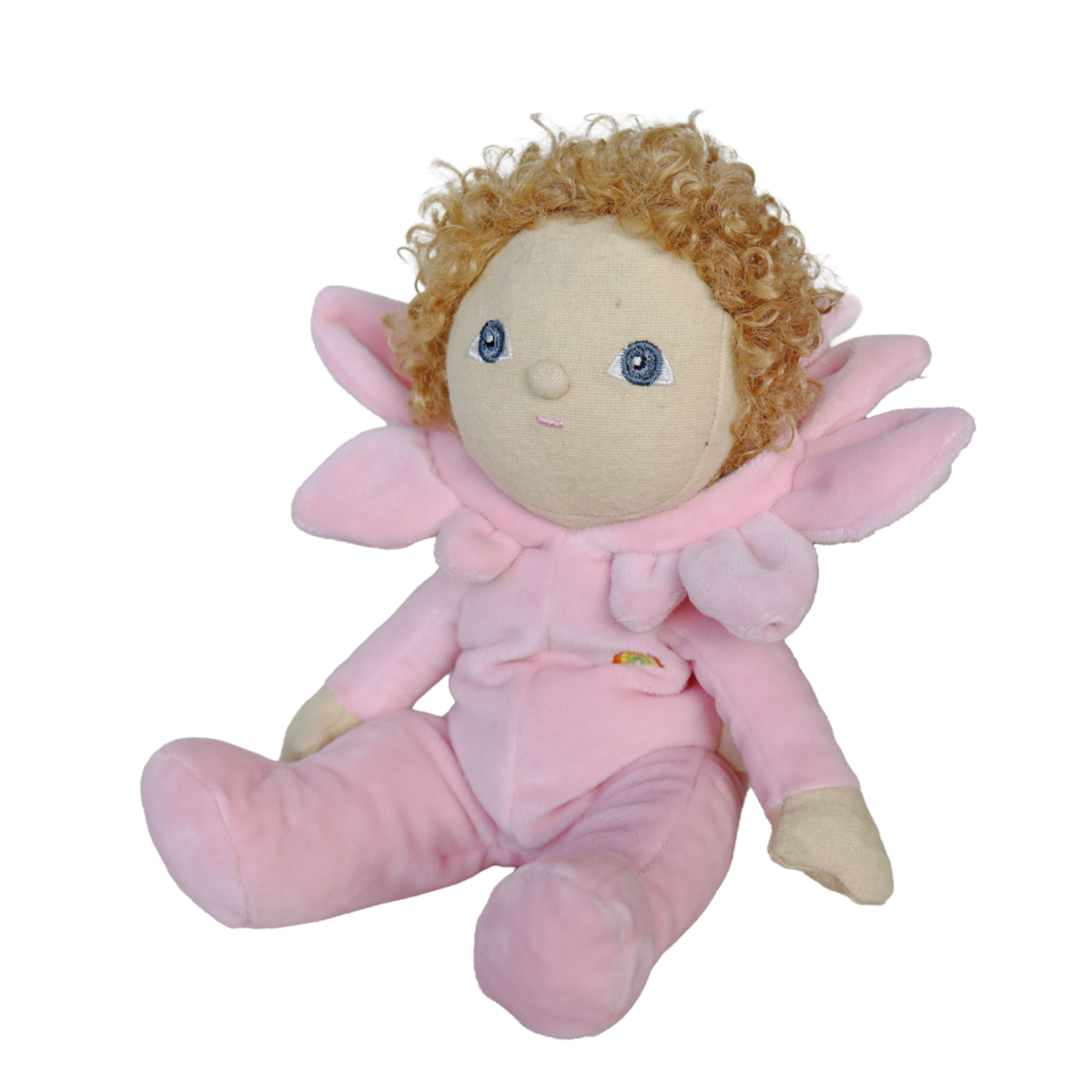Side angle of an Olli Ella Dinky Dinkum Magnolia plush doll in a pink flower outfit against a white backdrop.