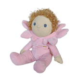 Side angle of an Olli Ella Dinky Dinkum Magnolia plush doll in a pink flower outfit against a white backdrop.
