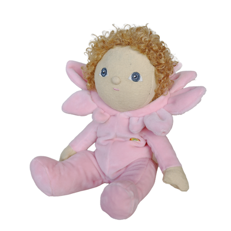 Side angle of an Olli Ella Dinky Dinkum Magnolia plush doll in a pink flower outfit against a white backdrop.