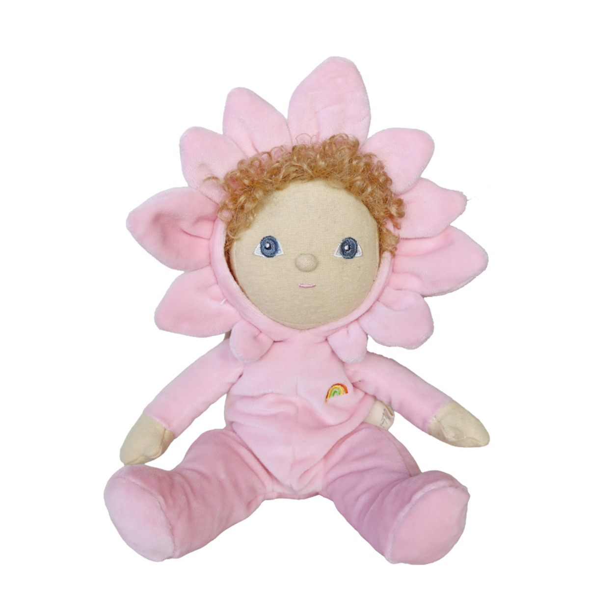 Plush baby doll wearing a pink magnolia flower petal hood and matching rainbow onesie.