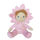 Plush baby doll wearing a pink magnolia flower petal hood and matching rainbow onesie.