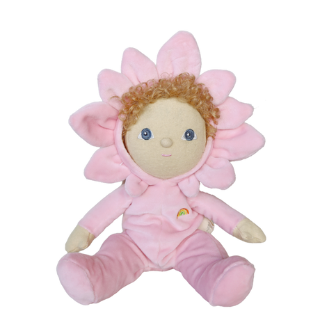 Plush baby doll wearing a pink magnolia flower petal hood and matching rainbow onesie.