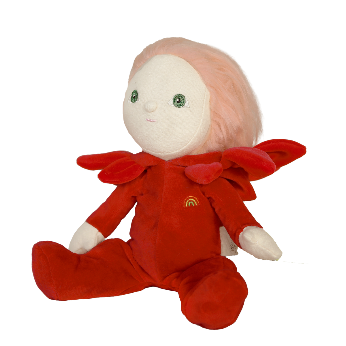 Olli Ella Dinky Dinkum Rose plush doll wearing a red flower jumpsuit.