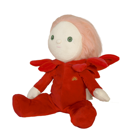 Olli Ella Dinky Dinkum Rose plush doll wearing a red flower jumpsuit.