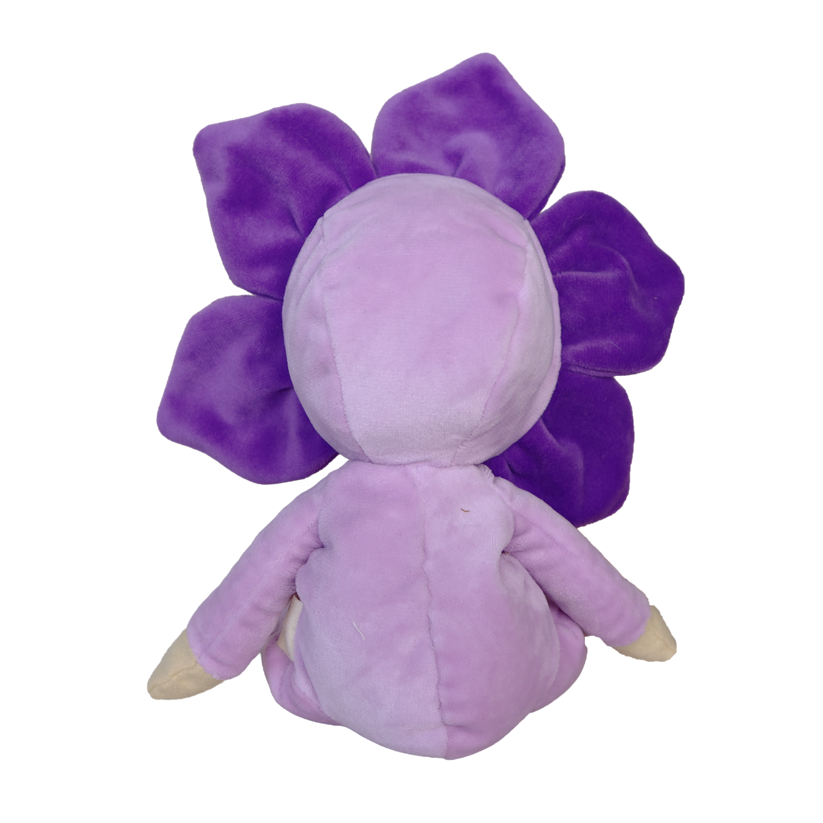 Back view of a plush violet flower doll in a light purple body suit on a white background.
