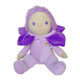 Dinky Dinkums Violet plush doll wearing a purple flower petal collar on a white background.
