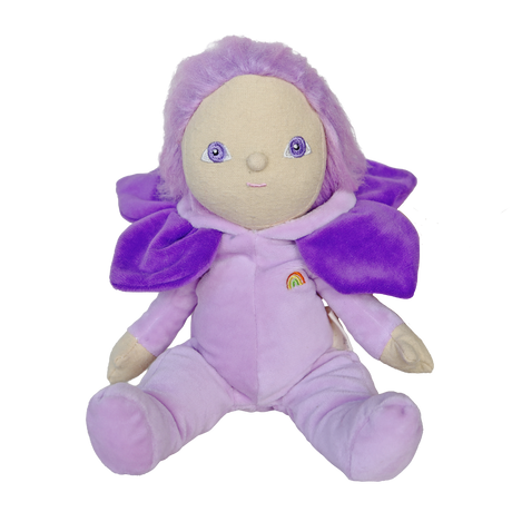 Dinky Dinkums Violet plush doll wearing a purple flower petal collar on a white background.