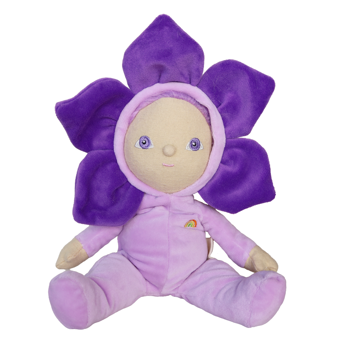 Olli Ella Dinky Dinkum Doll Violet plush toy in a purple flower outfit.