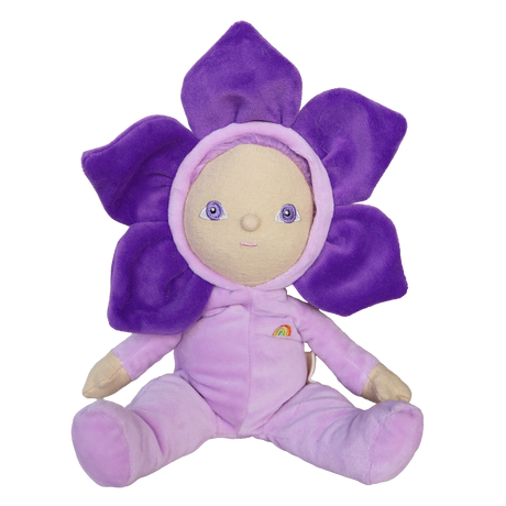 Olli Ella Dinky Dinkum Doll Violet plush toy in a purple flower outfit.