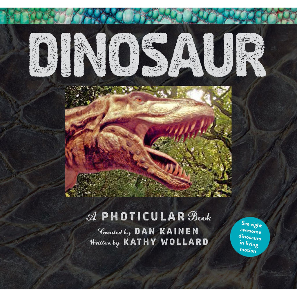 Cover of the book "Dinosaur," featuring a photicular image of a roaring dinosaur with textured skin, trees in the background, and bold title text.