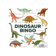 Colorful illustration of nine different dinosaurs labeled with their names, surrounding the words "Dinosaur Bingo." Includes a choking hazard warning.