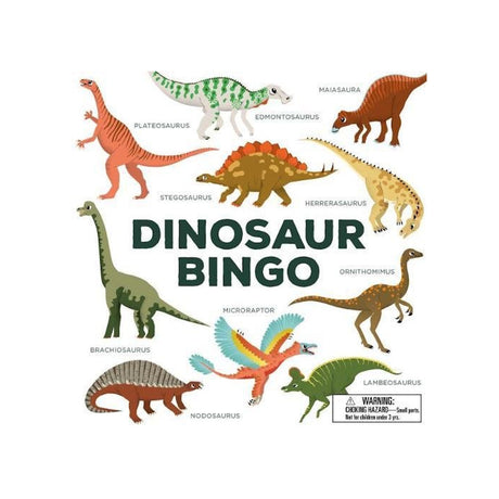 Colorful illustration of nine different dinosaurs labeled with their names, surrounding the words "Dinosaur Bingo." Includes a choking hazard warning.