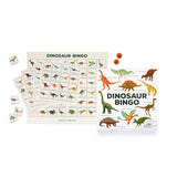 Game set featuring "Dinosaur Bingo" box, large board with illustrated dinosaurs, and small dinosaur tokens. Vibrant colors create an engaging, playful vibe.